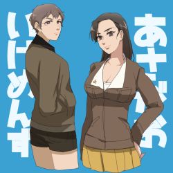 Rule 34 | 10s, 2girls, asymmetrical bangs, text background, bad id, bad pixiv id, black hair, black shorts, blue background, breasts, brown eyes, brown hair, brown jacket, cleavage, closed mouth, cowboy shot, cropped legs, freckles, from side, girls und panzer, hand on own hip, hands in pockets, hao (udon), jacket, large breasts, light frown, long hair, long sleeves, looking at viewer, military, military uniform, miniskirt, multiple girls, naomi (girls und panzer), nishi kinuyo, pleated skirt, saunders military uniform, shirt, short hair, shorts, skirt, standing, translation request, uniform, very short hair, white shirt, yellow skirt