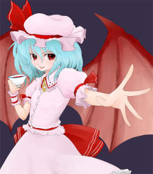 Rule 34 | 1girl, bat wings, female focus, hat, itsukage, pink hat, remilia scarlet, simple background, skirt, solo, touhou, wings
