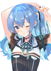 Rule 34 | 1girl, absurdres, aqua ribbon, arms up, asymmetrical hair, black shirt, blouse, blue eyes, blue hair, blush, breasts, closed mouth, collared shirt, commentary, earrings, hair between eyes, highres, hololive, hoshimachi suisei, hoshimachi suisei (streetwear), jewelry, lace trim, light blue hair, lips, long hair, looking at viewer, nail polish, neck ribbon, one eye closed, orange nails, ribbon, see-through, see-through sleeves, shirt, side ponytail, simple background, small breasts, solo, star (symbol), star in eye, symbol in eye, tsumayouji (tumayog), tying hair, upper body, virtual youtuber, white background