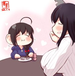 Rule 34 | 2girls, :3, aged down, ahoge, alternate costume, artist logo, black hair, blue jacket, blush, bottle, bow, braid, brown hair, child, chocolate, closed eyes, commentary request, dated, eating, food, hair bow, hair ornament, hair over shoulder, highres, hood, hood down, hooded jacket, jacket, kanon (kurogane knights), kantai collection, long sleeves, multiple girls, open mouth, red bow, ribbed sweater, shigure (kancolle), short hair, simple background, single braid, smile, sweater, turtleneck, turtleneck sweater, white background, white sweater, yakult, yamashiro (kancolle), zipper, zipper pull tab