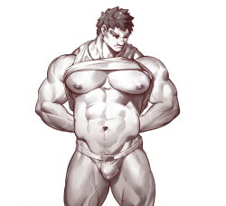 Rule 34 | 1boy, abs, arms behind back, bara, bare pectorals, big nose, bulge, clothes lift, cowboy shot, frown, greyscale, highres, jockstrap, large pectorals, legs, looking to the side, male focus, male underwear, mature male, monochrome, muscular, muscular male, navel, navel hair, nipples, obliques, original, pectorals, selkiro, shirt lift, short hair, simple background, solo, spiked hair, standing, stomach, tank top, thick arms, thick eyebrows, thick thighs, thighs, underwear, veins, white background