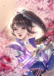 Rule 34 | 1girl, absurdres, brown hair, cherry blossoms, chinese clothes, closed mouth, collared dress, dress, expressionless, falling petals, hair ornament, highres, holding, holding sword, holding weapon, hua jianghu zhi bei mo ting, lanlan tuo xiang nuli, light particles, petals, ponytail, purple eyes, second-party source, si kongqi (hua jianghu zhi bei mo ting), solo, sword, upper body, weapon