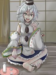 Rule 34 | 1girl, :d, adapted costume, bare shoulders, barefoot, black skirt, choko (cup), cup, detached sleeves, full body, green eyes, hat, indian style, japanese clothes, kariginu, long hair, looking at viewer, mononobe no futo, nyakonro (nekonro), open mouth, pom pom (clothes), ponytail, ribbon-trimmed sleeves, ribbon trim, silver hair, sitting, skirt, smile, solo, tate eboshi, touhou, wide sleeves