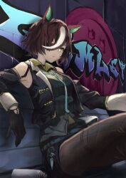 Rule 34 | 1girl, animal ears, black gloves, black jacket, black shorts, breasts, brown hair, brown pantyhose, closed mouth, collared shirt, detached sleeves, e nnihql, eyepatch, feet out of frame, gloves, graffiti, horse ears, jacket, looking at viewer, multicolored hair, necktie, pantyhose, shirt, short hair, shorts, sitting, sleeveless, sleeveless jacket, small breasts, solo, spray can, streaked hair, tanino gimlet (umamusume), umamusume, yellow eyes