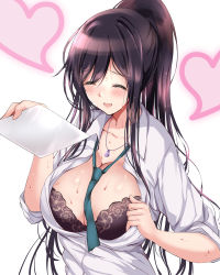 Rule 34 | 1girl, bad id, bad pixiv id, black bra, black hair, blush, bra, breasts, cleavage, closed eyes, clothes pull, collarbone, dog tags, dress shirt, fanning face, hair between eyes, heart, idolmaster, idolmaster shiny colors, large breasts, long hair, necktie, open clothes, open shirt, ponytail, ponytail korosuke, school uniform, shirase sakuya, shirt, shirt pull, simple background, smile, solo, sweat, underwear, white background