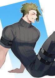 Rule 34 | 1boy, absurdres, achilles (fate), black pants, black shirt, blush, closed eyes, facing to the side, fate/apocrypha, fate (series), from side, green hair, grin, haruakira, highres, male focus, muscular, muscular male, outline, pants, ribbed shirt, shirt, short hair, short sleeves, sitting, smile, solo, thigh strap, undercut, white outline