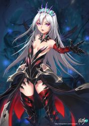 Rule 34 | 1girl, armor, armored boots, boots, breasts, closers, dark persona, detached collar, elbow gloves, eyeshadow, gloves, highres, kyjsogom, long hair, looking at viewer, makeup, open mouth, outstretched arm, red thighhighs, seulbi lee, silver hair, small breasts, solo, thigh boots, thighhighs, tiara, watermark, web address, wings