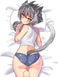 Rule 34 | 1girl, animal ears, ashroa (cougar1404), ass, bed sheet, cat ears, cat girl, cat tail, commentary, cougar (cougar1404), crotch seam, from above, grey hair, grey panties, leg up, looking at viewer, looking back, lying, on bed, on stomach, original, panties, parted lips, pillow, polka dot, polka dot panties, short hair, sidelocks, solo, tail, tank top, thigh gap, underwear, underwear only, white tank top, yellow eyes