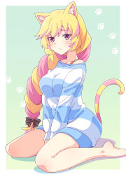 Rule 34 | 1girl, alternate hairstyle, animal ear fluff, animal ears, barefoot, between legs, black bow, blonde hair, blue shirt, blush, bow, bra strap, braid, cat ears, e20, gradient background, green background, hair bow, hand between legs, long hair, long sleeves, looking at viewer, mashima himeko (show by rock!!), multicolored hair, off shoulder, paw print, paw print background, pink hair, purple eyes, shirt, show by rock!!, single braid, sitting, solo, striped clothes, striped shirt, striped tail, tail, two-tone hair, wariza