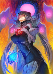 Rule 34 | 1girl, armor, bodysuit, breasts, glowing, hand on own chest, horns, jewelry, large breasts, long hair, looking up, necklace, palpa (terra battle), pink eyes, purple hair, solo, sparkle, terra battle, tianzhong zhongtian