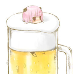 Rule 34 | 1girl, alcohol, animal ears, bad id, bad pixiv id, bear ears, beer, chibi, cup, face, froth, in container, in cup, lowres, mini person, minigirl, original, pink hair, red eyes, solo, tsunako