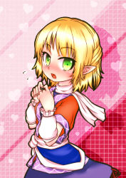 Rule 34 | 1girl, akapocho, blonde hair, blush, fingers together, green eyes, heart, highres, mizuhashi parsee, open mouth, pointy ears, short hair, solo, touhou