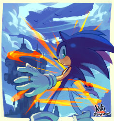 Rule 34 | 1boy, absurdres, animal ears, animal nose, building, castle, cloud, commentary, fire, furry, furry male, gloves, green eyes, highres, jewelry, looking at viewer, male focus, ring, solo, sonic (series), sonic and the secret rings, sonic the hedgehog, standing, supsross, tail, twitter username, white gloves