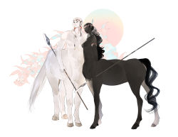 Rule 34 | 1boy, 1girl, armlet, black hair, black skin, blue eyes, centaur, closed mouth, colored skin, completely nude, feather hair ornament, feathers, full body, hair ornament, highres, holding, holding polearm, holding weapon, horizontal pupils, jewelry, light smile, long hair, looking to the side, monster boy, monster girl, nkvoop, nude, original, pointy ears, polearm, spear, standing, taur, tribal, very long hair, wavy hair, weapon, white background, white hair, white skin