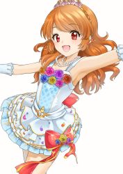 Rule 34 | 1girl, absurdres, aikatsu!, aikatsu! (series), alternate costume, alternate hairstyle, armpits, bare shoulders, blush, bow, brown hair, commentary request, cowboy shot, daifuki, dress, gloves, highres, jewelry, long hair, looking at viewer, necklace, ozora akari, open mouth, out of frame, outstretched arms, red eyes, smile, solo, tiara, white gloves