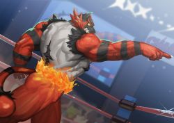 Rule 34 | absurdres, back, bara, black fur, blurry, blurry background, claws, clenched teeth, colored sclera, commentary request, creatures (company), dutch angle, fire, furry, furry male, game freak, gen 7 pokemon, green eyes, hand up, highres, incineroar, korean commentary, male focus, monitor, nintendo, pointing, pokemon, pokemon (creature), sharp teeth, sparkle, standing, tail, teeth, thighs, traver009, wrestling ring, yellow sclera