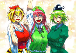 Rule 34 | 3girls, arm up, blonde hair, blue eyes, blush, braid, breasts, brown hair, cleavage, clenched hands, commentary request, crossed arms, dress, fangs, green dress, green eyes, green hair, hair between eyes, half-closed eyes, hand up, hands up, hat, hong meiling, koyubi (littlefinger1988), long hair, long sleeves, looking at viewer, multicolored hair, multiple girls, open mouth, outstretched arm, red hair, shirt, short hair, short sleeves, side braid, smile, soga no tojiko, star (symbol), tate eboshi, toramaru shou, touhou, twin braids, two-tone hair, upper body, vest, wide sleeves, yellow eyes