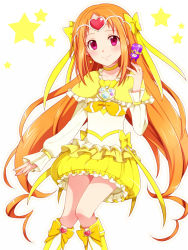 Rule 34 | 10s, 1girl, boots, bow, brooch, bubble skirt, choker, circlet, cure muse, cure muse (yellow), dodory, dress, frills, gathers, hair ribbon, heart, jewelry, knee boots, long hair, magical girl, mekurata meda, orange hair, precure, red eyes, ribbon, shirabe ako, skirt, smile, solo, suite precure, white background, yellow skirt
