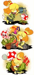 Rule 34 | 1girl, animal crossing, bad id, bad twitter id, beamed eighth notes, blush, boombox, comic, commentary, crossover, dog girl, dog tail, eighth note, english commentary, closed eyes, floppy ears, hair bobbles, hair ornament, highres, holding, holding microphone, holding watering can, hug, isabelle (animal crossing), leaf, looking at another, mario (series), microphone, mr.whatshisname, musical note, nintendo, nose bubble, open mouth, piranha plant, plant, potted plant, red neckwear, red ribbon, ribbon, sharp teeth, silent comic, sleeping, spoken musical note, super smash bros., tail, teeth, watering, watering can, aged down, zzz