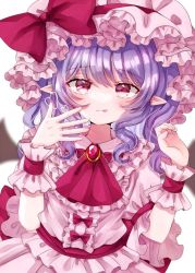 Rule 34 | 1girl, ascot, blouse, bow, brooch, center frills, closed mouth, collared shirt, commentary request, fang, frilled hat, frilled shirt collar, frilled sleeves, frills, hat, hat bow, hat ribbon, jaku sono, jewelry, looking at viewer, medium hair, mob cap, pink hat, pink shirt, pink skirt, pink wristband, pointy ears, puffy short sleeves, puffy sleeves, purple hair, red ascot, red bow, red eyes, red ribbon, red sash, red wristband, remilia scarlet, ribbon, sash, shirt, short sleeves, skirt, skirt set, solo, tongue, tongue out, touhou, waist bow, wrist cuffs