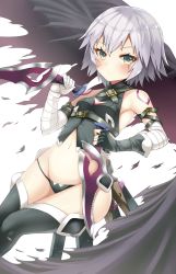 Rule 34 | 1girl, arm belt, armpits, bandaged arm, bandaged hand, bandages, bare shoulders, belt, black gloves, black panties, black thighhighs, blush, breasts, buckle, cape, cleavage, closed mouth, dagger, dual wielding, dutch angle, expressionless, facial scar, fate/apocrypha, fate/grand order, fate (series), fingerless gloves, gloves, green eyes, groin, hair between eyes, halterneck, hand up, highres, holding, holding weapon, jack the ripper (fate/apocrypha), knife, legs together, looking at viewer, lowleg, lowleg panties, navel, panties, scar, scar on cheek, scar on face, shimo (shimo 00), short hair, silver hair, simple background, single glove, small breasts, solo, stomach, thighhighs, torn cape, torn clothes, underwear, weapon, white background