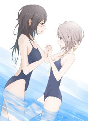 Rule 34 | 2girls, age difference, black hair, blush, brown eyes, competition school swimsuit, competition swimsuit, dutch angle, eye contact, gnosis (ylyk), grey hair, holding hands, long hair, looking at another, multiple girls, one-piece swimsuit, original, partially submerged, school swimsuit, short hair, submerged, swimsuit, yuri