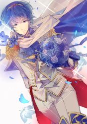 Rule 34 | 1boy, blue eyes, blue hair, bouquet, cape, european clothes, fire emblem, fire emblem: mystery of the emblem, fire emblem: new mystery of the emblem, fire emblem: shadow dragon, fire emblem: shadow dragon and the blade of light, fire emblem heroes, flower, gloves, highres, holding, holding bouquet, kariya (mizore), looking at viewer, male focus, marth (fire emblem), nintendo, petals, smile, solo, vest