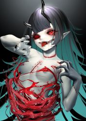 Rule 34 | 1girl, alternate skin color, black hair, black nails, black sclera, blood, blood censor, bloody tears, blue hair, breasts, claw pose, colored sclera, colored skin, commentary, cuts, dark areolae, demon girl, demon horns, doryudory, english commentary, glasgow smile, gradient background, grey background, guro, highres, horns, injury, long hair, looking at viewer, multicolored hair, nail polish, nanashi inc., open mouth, pointy ears, red eyes, scratches, scratching, shishio chris, small breasts, smile, solo, stitched mouth, stitched neck, stitched torso, stitches, sugar lyric, two-tone hair, upper body, virtual youtuber, white skin