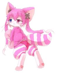 Rule 34 | 1girl, blue eyes, cat, cat busters, cheshire (cat busters), furry, furry female, heterochromia, nude, pink hair, red eyes, short hair, solo