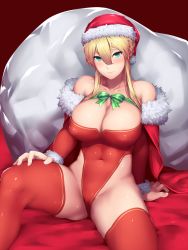 Rule 34 | 1girl, alternate costume, artoria pendragon (fate), artoria pendragon (lancer) (fate), bare shoulders, blonde hair, blush, braid, breasts, cape, christmas, cleavage, collarbone, commentary request, covered navel, detached sleeves, fate/grand order, fate (series), french braid, fur trim, green eyes, green ribbon, hair between eyes, hat, highleg, highleg leotard, highres, kageshio (276006), large breasts, leotard, long hair, looking at viewer, red cape, red leotard, red thighhighs, ribbon, sack, santa costume, santa hat, sidelocks, sitting, solo, thighhighs, thighs