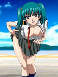 Rule 34 | blue sky, breasts, breasts out, green hair, honjou mikaze, large breasts, nipples, purple eyes, school uniform, shiny skin, skirt, sky, smile, socks, stratos 4, twintails