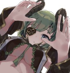 Rule 34 | 1girl, nanashi inc., blue eyes, blurry, blurry foreground, blush, breasts, curled horns, demon girl, demon horns, detached sleeves, epi zero, eyepatch, frills, from below, green hair, green neckwear, honey strap, horns, large breasts, long sleeves, looking at viewer, looking down, navel, no bra, parted lips, sekishiro mico, short hair, simple background, solo, underboob, virtual youtuber, white background