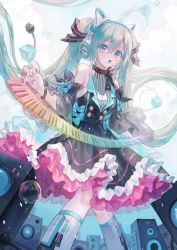 Rule 34 | 1girl, absurdres, aqua bow, aqua eyes, aqua hair, aqua nails, bare shoulders, black bow, black dress, black sleeves, bow, bowtie, bubble, cable, collar, commentary, cube, detached sleeves, dress, frilled dress, frills, hair ornament, hatsune miku, headphones, highres, instrument, kneehighs, layered dress, long hair, looking at viewer, maccha (mochancc), nail polish, open mouth, piano, rainbow, socks, solo, speaker, symbol-only commentary, twintails, very long hair, vocaloid