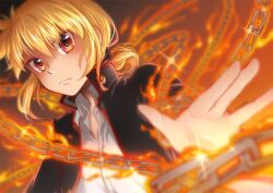Rule 34 | 1other, arc (housamo), blonde hair, blurry, blurry foreground, chain, closed mouth, collared shirt, commentary request, dress shirt, expressionless, fire, gakuran, konno naruko, low ponytail, other focus, outstretched arm, outstretched hand, partially unbuttoned, red eyes, school uniform, shirt, signature, solo, tokyo houkago summoners, upper body, white shirt
