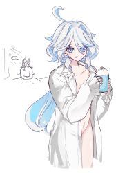Rule 34 | ..., 1boy, 1girl, absurdres, ahoge, blue eyes, blue hair, commentary request, cowboy shot, cup, furina (genshin impact), genshin impact, hair intakes, highres, hiji (hijichan), holding, holding cup, long hair, long sleeves, multicolored hair, navel, neuvillette (genshin impact), no headwear, shirt, simple background, spoken ellipsis, standing, stomach, very long hair, white background, white hair, white shirt