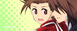 Rule 34 | 00s, 2boys, age difference, bookmark, brown eyes, brown hair, dots, father and son, fingerless gloves, gloves, hug, kratos aurion, lloyd irving, multiple boys, open mouth, red eyes, red hair, short hair, surprised, tales of (series), tales of symphonia, text focus