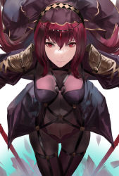 Rule 34 | 1girl, armor, blazpu, bodysuit, commentary, dual wielding, english commentary, expressionless, fate/grand order, fate (series), gae bolg (fate), highres, holding, leotard, long hair, looking at viewer, pauldrons, polearm, purple bodysuit, purple hair, purple leotard, red eyes, scathach (fate), scathach (fate), shoulder armor, solo, spear, very long hair, weapon