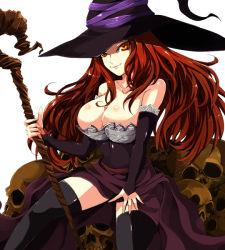 Rule 34 | 1girl, bare shoulders, breasts, bridal gauntlets, cleavage, detached sleeves, dragon&#039;s crown, dress, hat, huge breasts, large breasts, long hair, mozu taiya, orange eyes, red eyes, red hair, sitting, skull, smile, solo, sorceress (dragon&#039;s crown), staff, strapless, strapless dress, thighhighs, witch hat