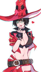 Rule 34 | 1girl, belt, black choker, black gloves, black hair, blowing kiss, breasts, brown belt, chemaru (a8l), choker, cleavage, collarbone, eyelashes, fingerless gloves, fingernails, glasses, gloves, green-tinted eyewear, guilty gear, guilty gear strive, hat, heart, highres, holding, i-no, large breasts, makeup, midriff, mole, mole above mouth, mole under eye, navel, one eye closed, parted lips, pink lips, red hat, short hair, simple background, solo, stomach, sunglasses, tinted eyewear, white background, witch, witch hat
