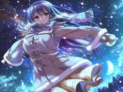 Rule 34 | 1girl, amakano ~second season~, azarashi soft, coat, fur trim, game cg, highres, ichinose honami (amakano), long hair, long sleeves, looking at viewer, mittens, moon, night, outdoors, outstretched arm, piromizu, plaid, plaid scarf, plaid skirt, scarf, skirt, sky, smile, snowing, solo, star (sky), starry sky