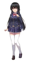 Rule 34 | 1girl, black footwear, black hair, blazer, blue eyes, blue jacket, blue skirt, blush, bow, bowtie, braid, breasts, collared shirt, commentary, dress shirt, french braid, frilled skirt, frills, full body, hair between eyes, hair ornament, hairclip, hand on own chest, highres, jacket, knees together feet apart, loafers, long hair, long sleeves, looking at viewer, medium breasts, miniskirt, nanaku teiru, nijisanji, parted lips, pink bow, pink bowtie, pleated skirt, school uniform, shirt, shoes, sidelocks, simple background, skirt, solo, standing, straight hair, sweater, thighhighs, tsukino mito, tsukino mito (1st costume), virtual youtuber, white background, white shirt, white thighhighs, wing collar, yellow sweater, zettai ryouiki