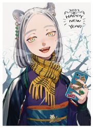 Rule 34 | 1girl, 2022, :d, aburage (motimotigg20), animal ears, blue eyes, blush, cellphone, chinese zodiac, ear piercing, fangs, grey hair, half-closed eyes, happy new year, highres, holding, holding phone, jacket, jacket on shoulders, japanese clothes, jewelry, kimono, multicolored eyes, multicolored hair, nail polish, new year, open mouth, orange eyes, original, outdoors, parted bangs, phone, piercing, red nails, ring, scarf, smartphone, smile, solo, sticker, streaked hair, tiger ears, tiger girl, tree, white hair, year of the tiger