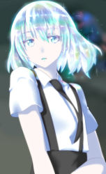 Rule 34 | 1other, absurdres, androgynous, black necktie, black shorts, blue eyes, blue hair, collared shirt, diamond (houseki no kuni), grey background, hair between eyes, highres, houseki no kuni, looking at viewer, minarai tenna, necktie, parted lips, revision, shirt, short hair, short sleeves, shorts, simple background, solo, sparkle, standing, suspender shorts, suspenders, upper body, white shirt, wing collar