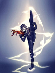 Rule 34 | 1girl, bodysuit, brown hair, clenched hands, full body, glowing, helmet, high kick, kicking, long hair, modeseven, original, skin tight, solo, standing, standing on one leg