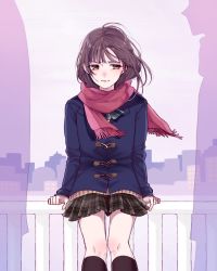 Rule 34 | 1girl, arm support, blue jacket, brown eyes, brown hair, brown skirt, brown socks, chisumi, closed mouth, commentary request, fringe trim, highres, jacket, kneehighs, long sleeves, original, plaid, plaid skirt, pleated skirt, railing, red scarf, scarf, silhouette, sitting, skirt, skyline, socks, solo focus