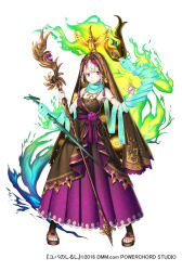 Rule 34 | 1girl, animal, animal on head, armlet, bird, blue scarf, braid, breasts, dress, earrings, extra arms, eye print, fire, flower, full body, green fire, hand up, holding, holding staff, jewelry, looking at viewer, magic, mask, unworn mask, official art, on head, purple dress, purple flower, scarf, simple background, small breasts, solo, staff, standing, white background, white hair, yuba no shirushi, zenmaibook
