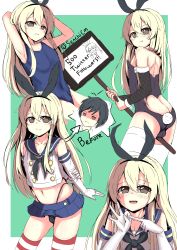 Rule 34 | 1boy, absurdres, armpits, ass, blonde hair, blush, bulge, butt crack, cosplay, crossdressing, elbow gloves, gloves, highres, kantai collection, long hair, looking at viewer, male focus, pout, senchimee, shimakaze-kun, shimakaze (kancolle), shimakaze (kancolle) (cosplay), shimakaze (kantai collection), skirt, smile, solo, striped clothes, striped thighhighs, swimsuit, thighhighs, trap