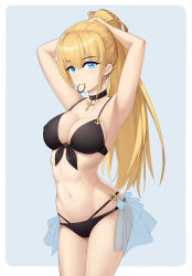 Rule 34 | 1girl, abs, absurdres, anchor symbol, armpits, azur lane, bikini, black bikini, blonde hair, blue eyes, breasts, choker, cleavage, collarbone, covered erect nipples, cross, cross choker, front-tie top, hair tie in mouth, highres, large breasts, long hair, looking at viewer, mouth hold, navel, north carolina (azur lane), seigo-hk, sidelocks, solo, stomach, swimsuit, thighs, tying hair