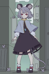 Rule 34 | 1girl, absurdres, animal, animal ears, black dress, black footwear, blush stickers, capelet, closed mouth, dress, full body, grey capelet, grey hair, highres, jewelry, kame (kamepan44231), long sleeves, mouse (animal), mouse ears, mouse tail, nazrin, one-hour drawing challenge, pendant, red eyes, shoes, short hair, socks, solo, standing, tail, touhou, white socks
