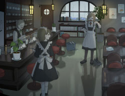 Rule 34 | 3boys, :d, absurdres, apron, avogado6, black dress, brown hair, brown legwear, bucket, cafe, chair, cleaning, closed eyes, commentary request, crossdressing, dress, glasses, highres, holding, holding mop, indoors, lantern, maid, maid apron, maid cafe, maid headdress, mop, multiple boys, neck ribbon, old, old man, opaque glasses, open mouth, original, pantyhose, plant, potted plant, red ribbon, ribbon, smile, standing, stool, table, white apron